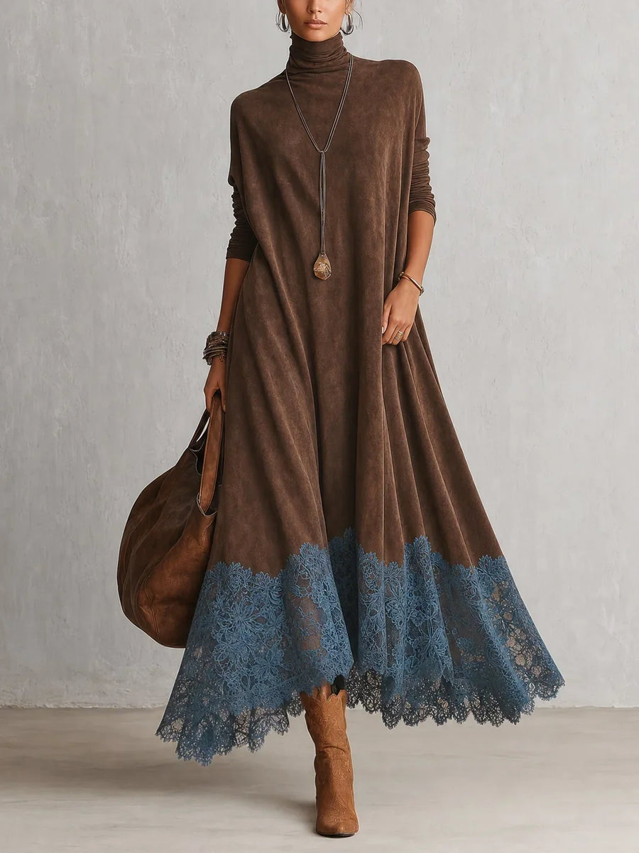 BRUNELLA | Lange Jurk met Suède-effect en Kantzoom