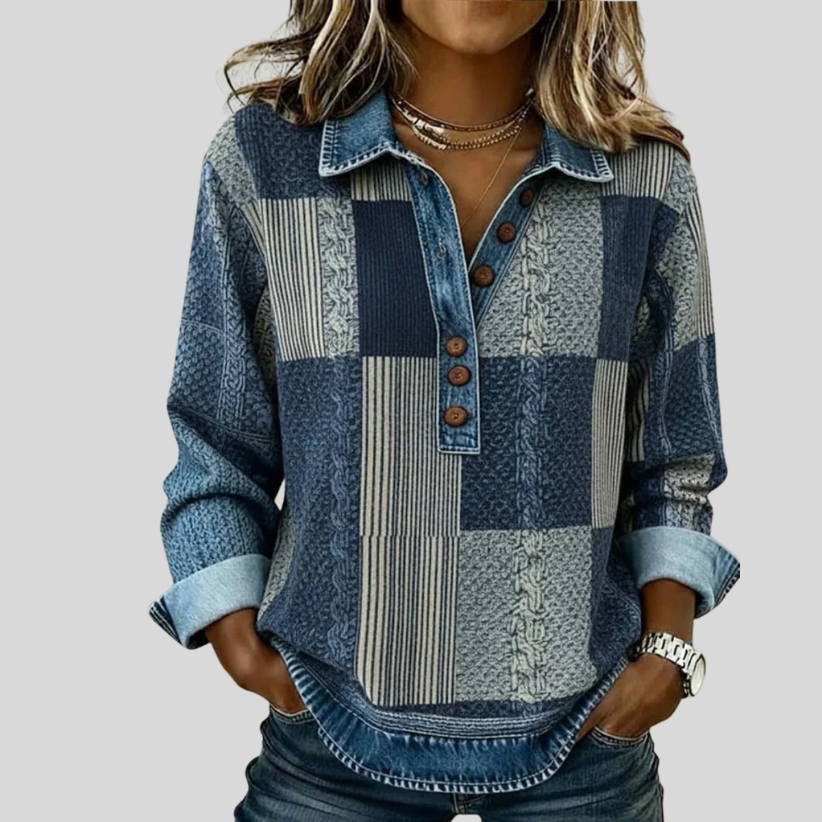 Sylvia | Patchwork Trui met Denim Kraag