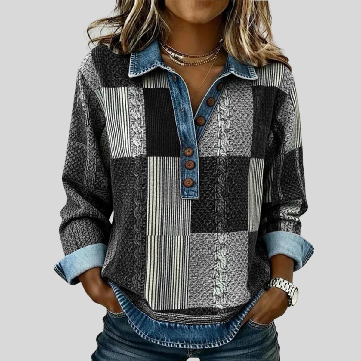 Sylvia | Patchwork Trui met Denim Kraag