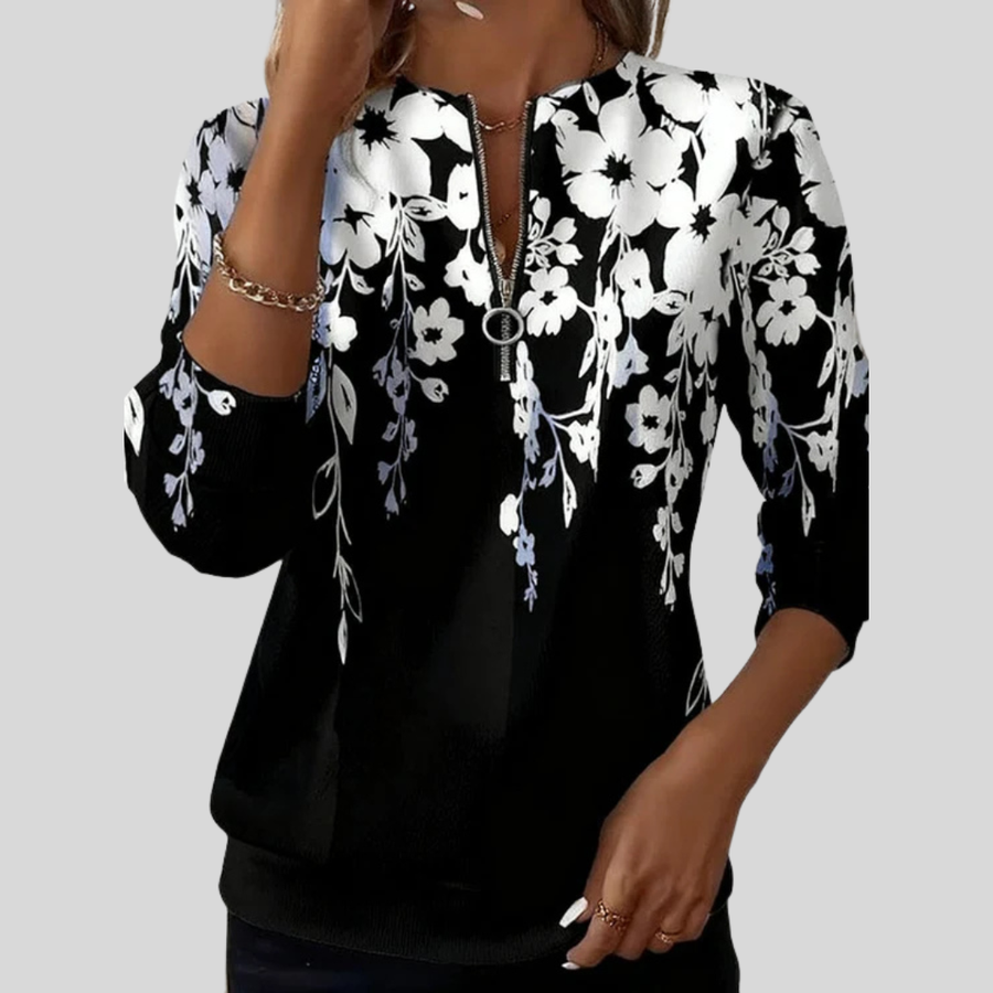 Avelina | Zwart Sweatvest met Witte Bloemen