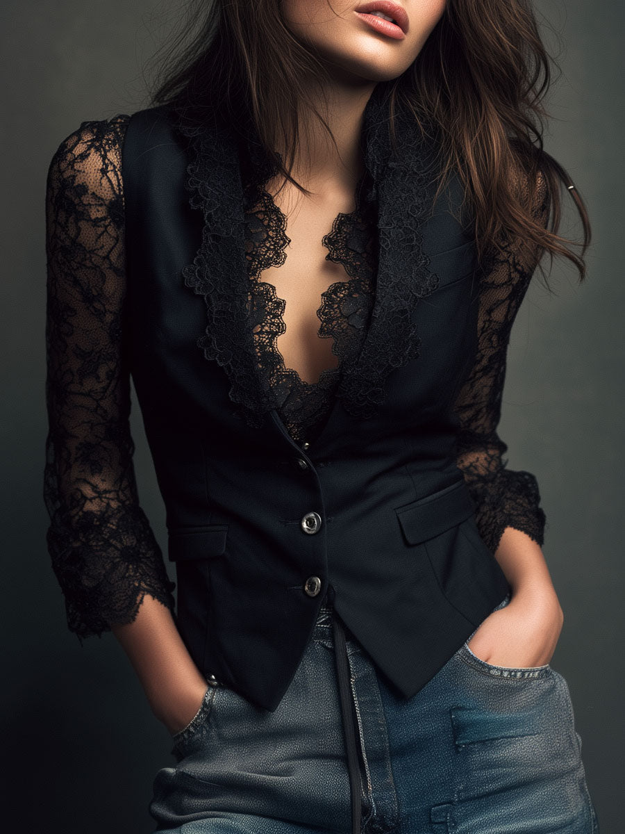 Noémie | Hoge Blazer Zwart met Semi-Transparante Mouwen