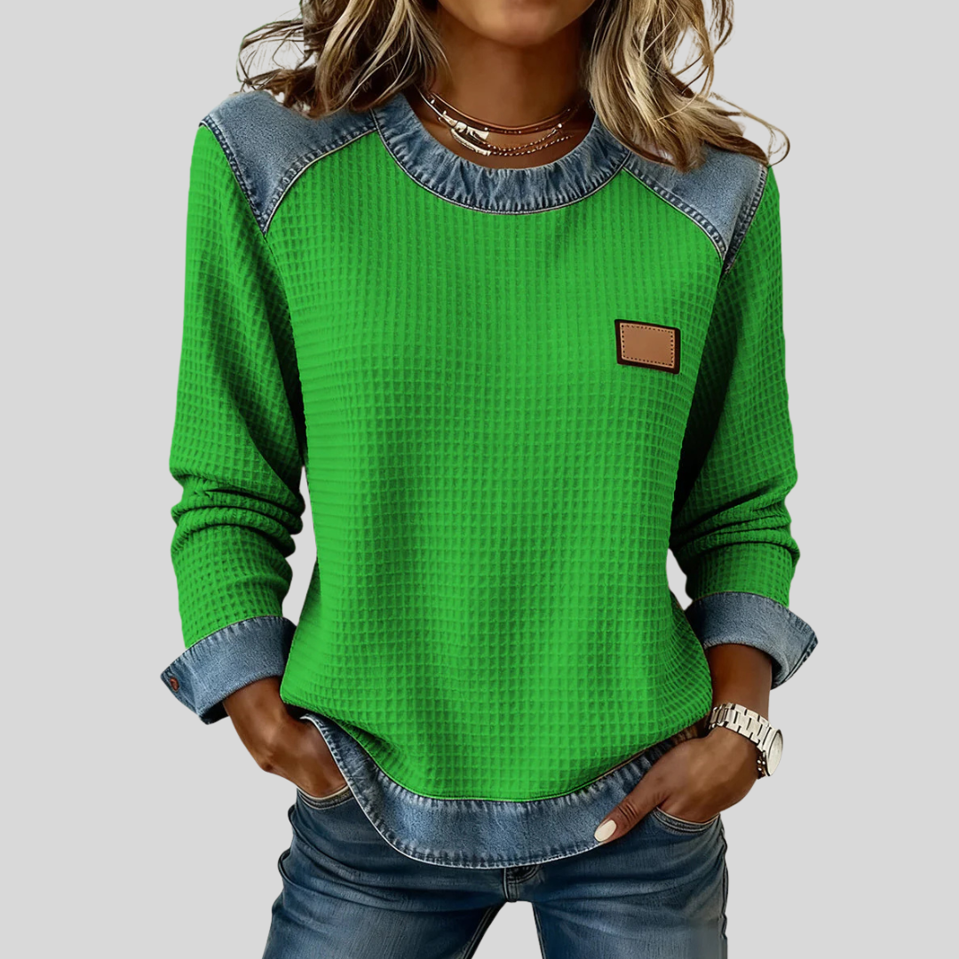 Amélia | Wafelsweater met Denim Details