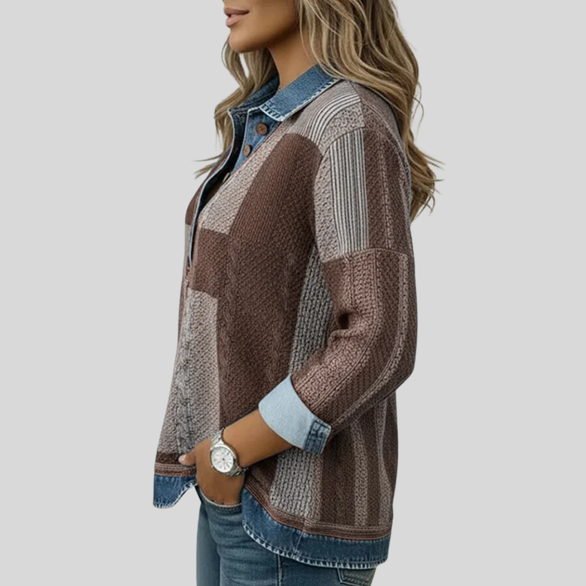 Sylvia | Patchwork Trui met Denim Kraag