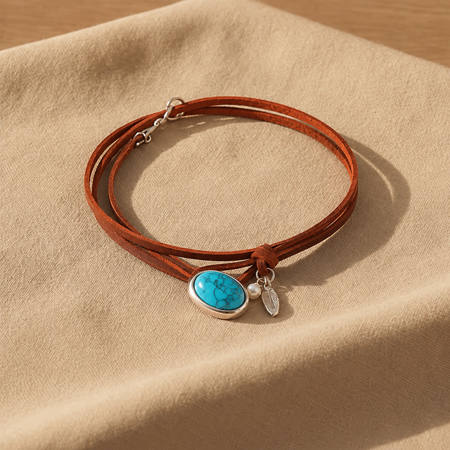 Agnese leren choker met turkoois