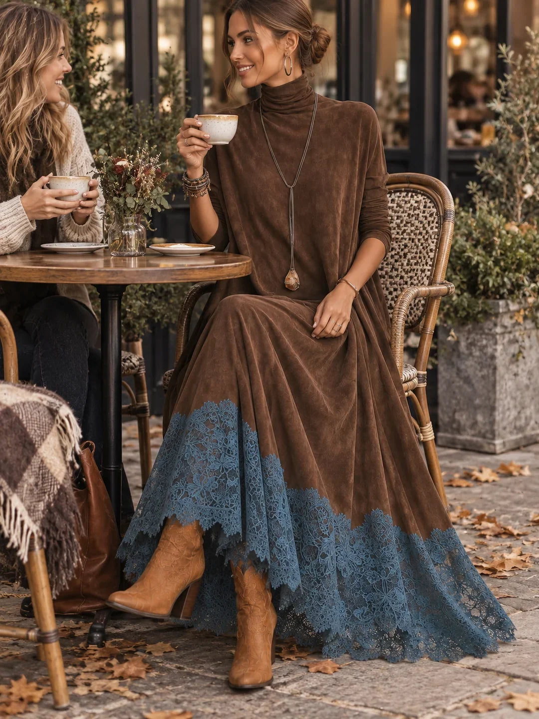 BRUNELLA | Lange Jurk met Suède-effect en Kantzoom