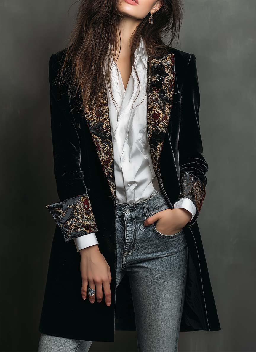Léontine | Aansluitende Blazer met Barokprint in Zwart