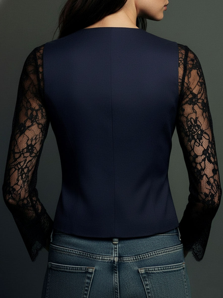 Noémie | Hoge Blazer Zwart met Semi-Transparante Mouwen