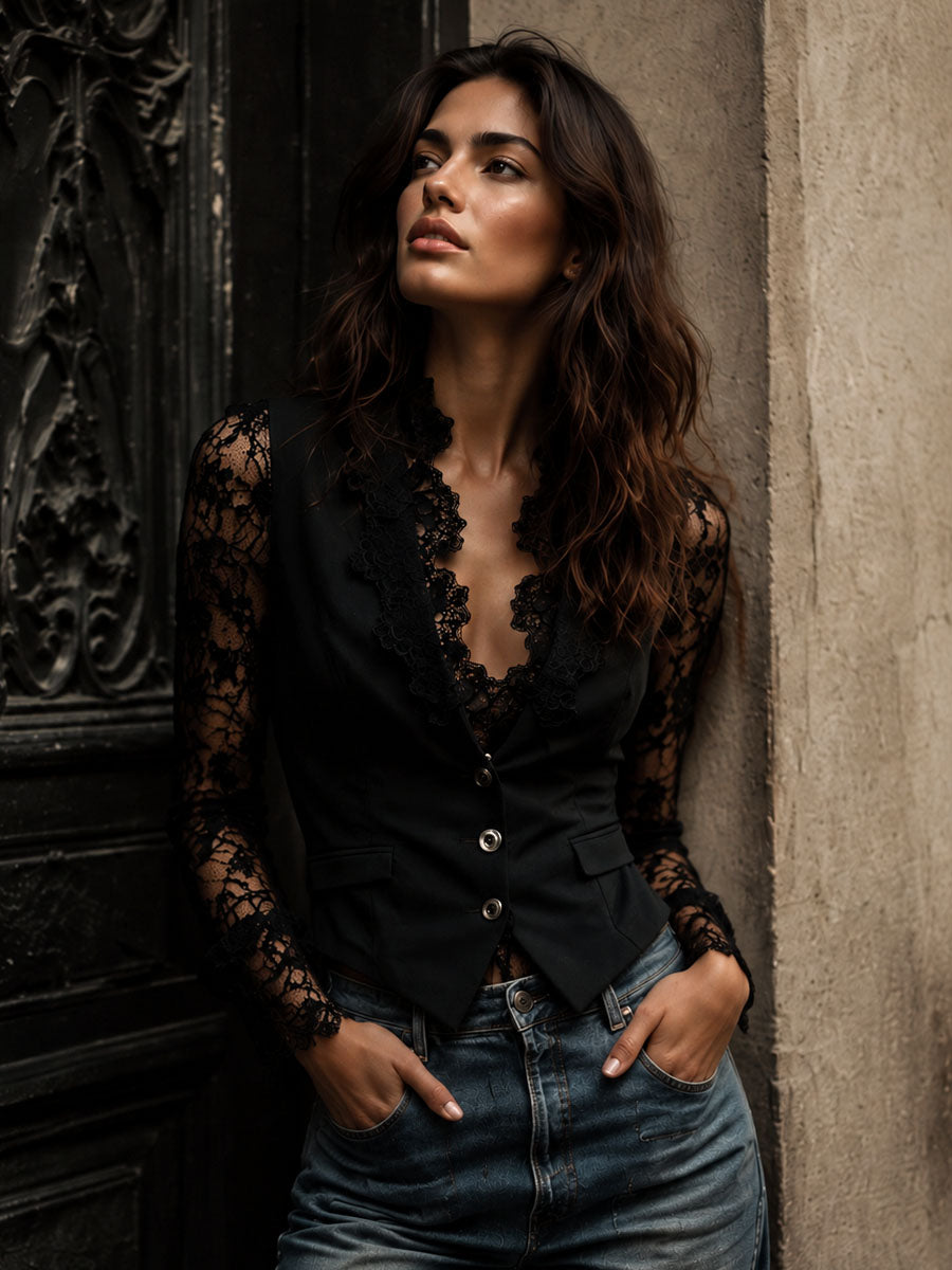 Noémie | Hoge Blazer Zwart met Semi-Transparante Mouwen