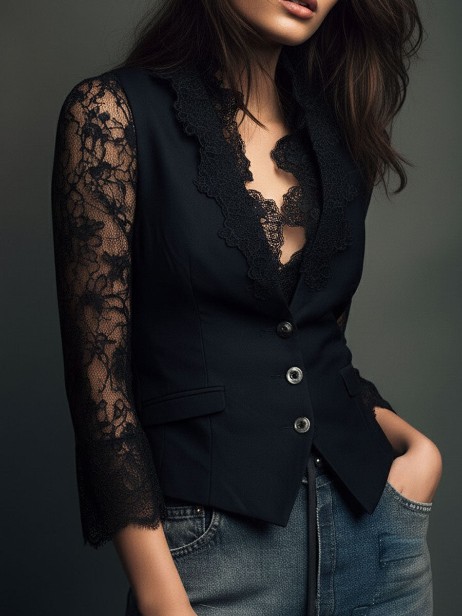 Noémie | Hoge Blazer Zwart met Semi-Transparante Mouwen