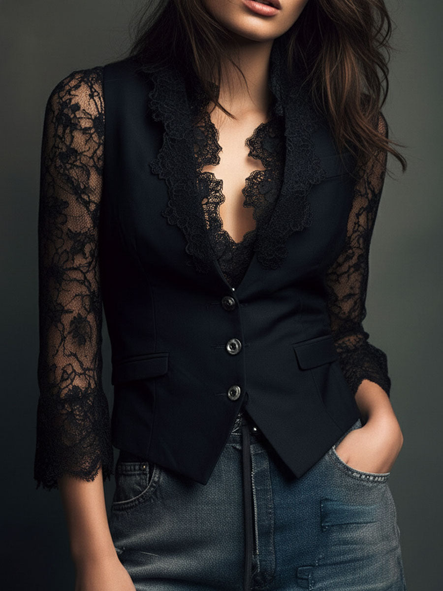 Noémie | Hoge Blazer Zwart met Semi-Transparante Mouwen