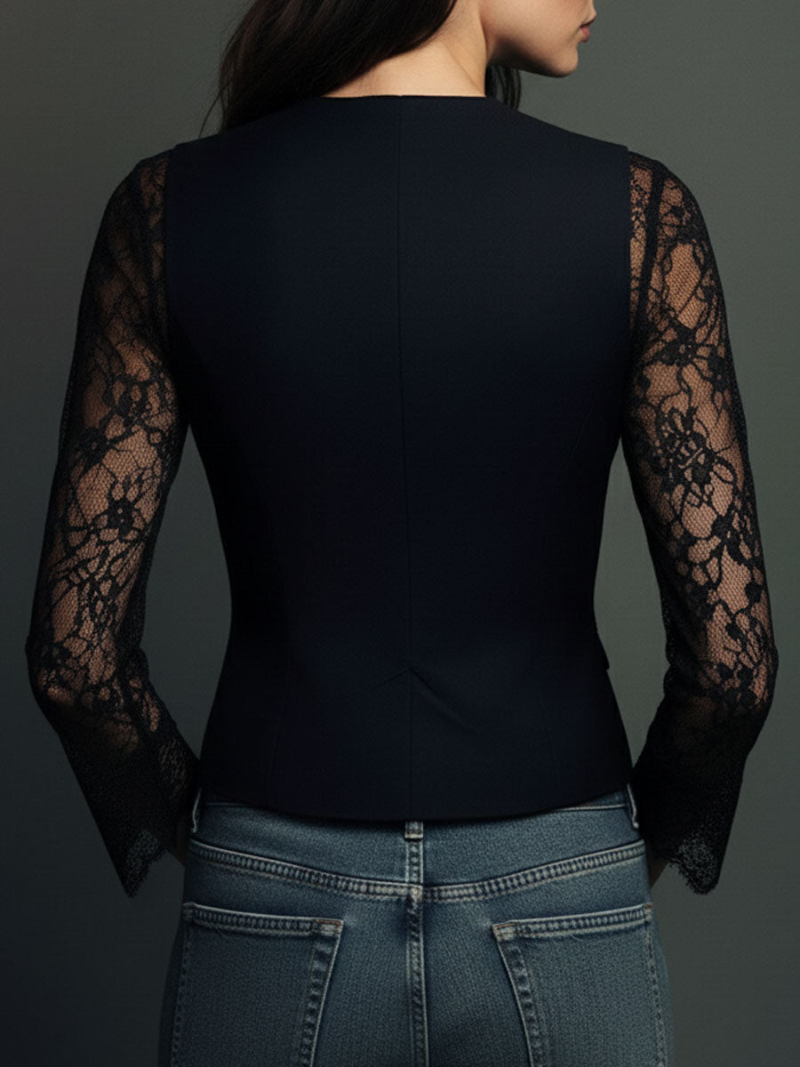 Noémie | Hoge Blazer Zwart met Semi-Transparante Mouwen
