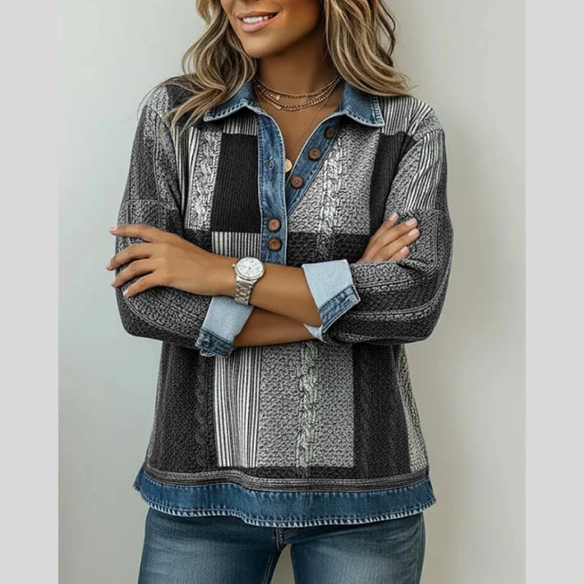 Sylvia | Patchwork Trui met Denim Kraag