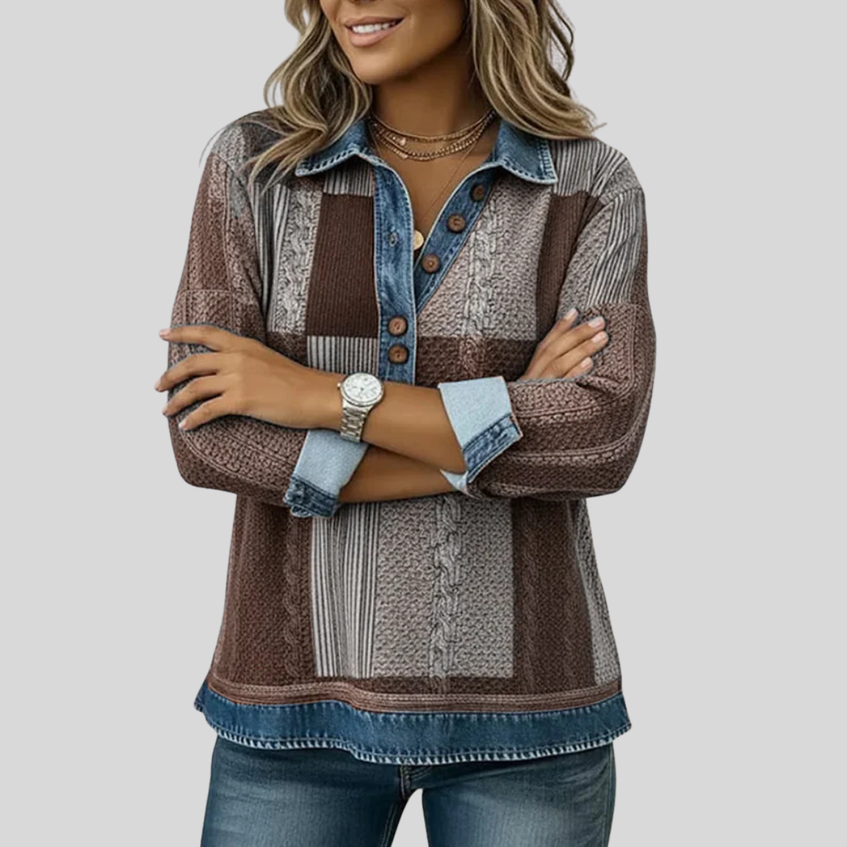 Sylvia | Patchwork Trui met Denim Kraag