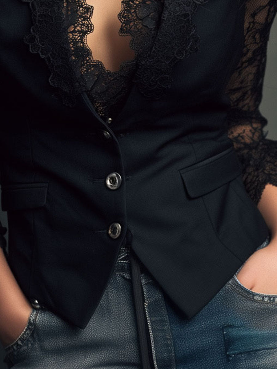 Noémie | Hoge Blazer Zwart met Semi-Transparante Mouwen