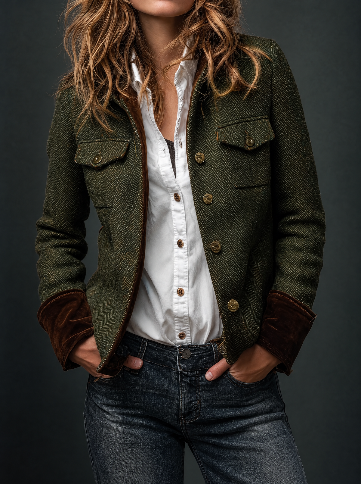 Honorine | Vintage Blazer met Contrasterende Chevron Lijsten