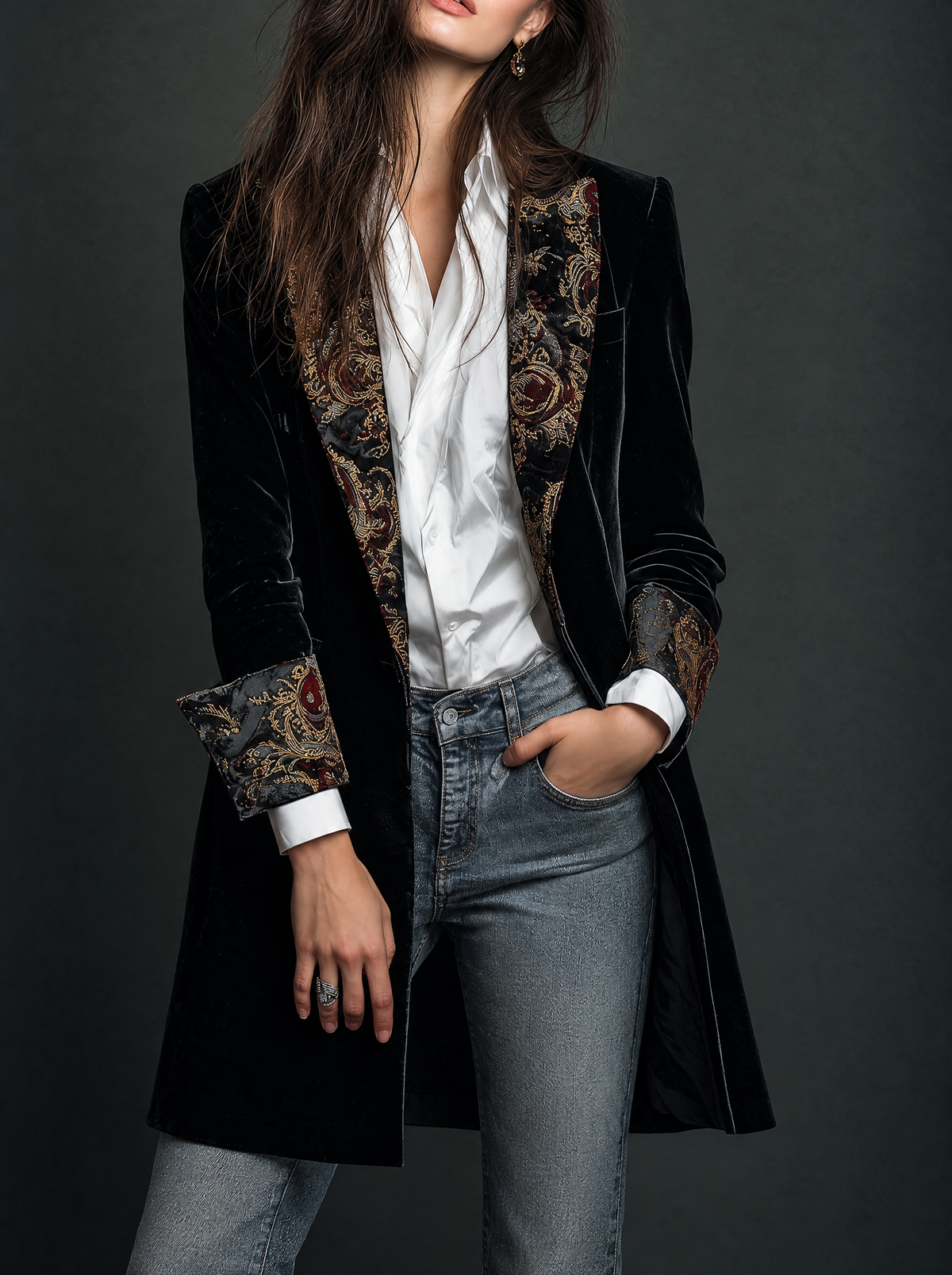 Léontine | Slim Fit Geprinte Barok Zwarte Blazer
