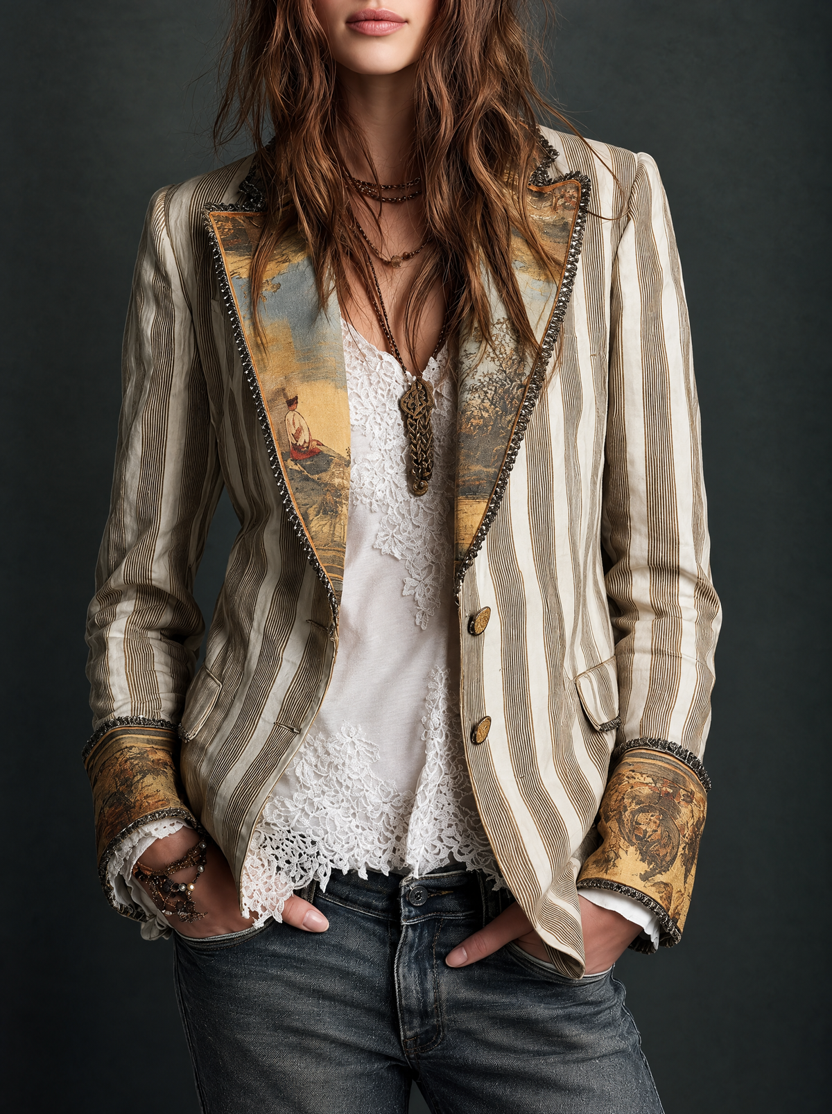 Suzanne | Boheemse Gestreepte Blazer met Gedrukt Kraag