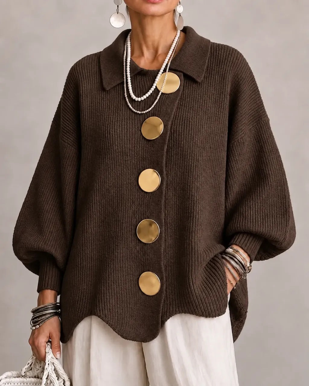 Karina - Oversized Grofgebreid Vest met Knopen